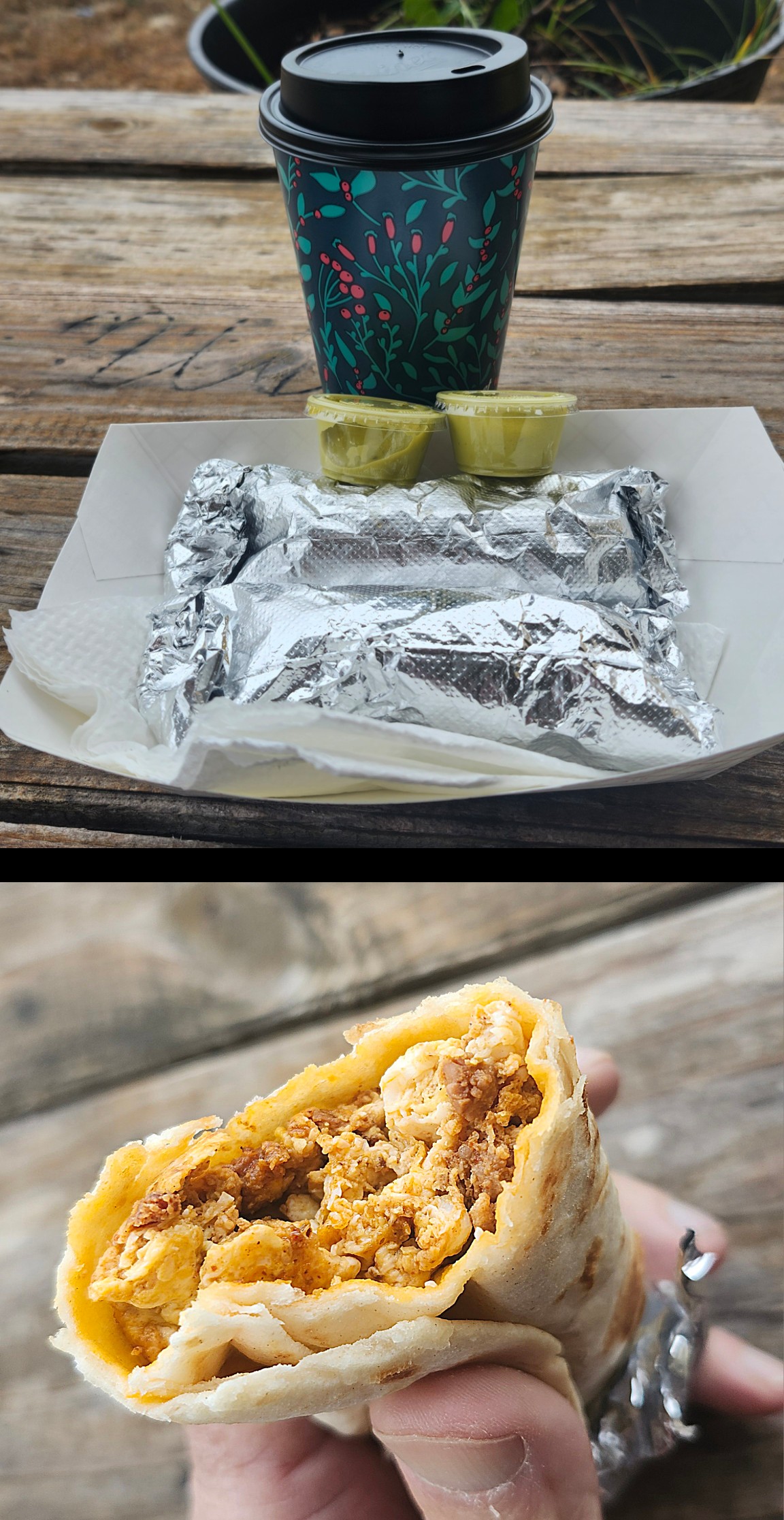 Breakfast burrito wrapped in foil next to a coffee, and a close-up of the burrito filled with egg and chorizo